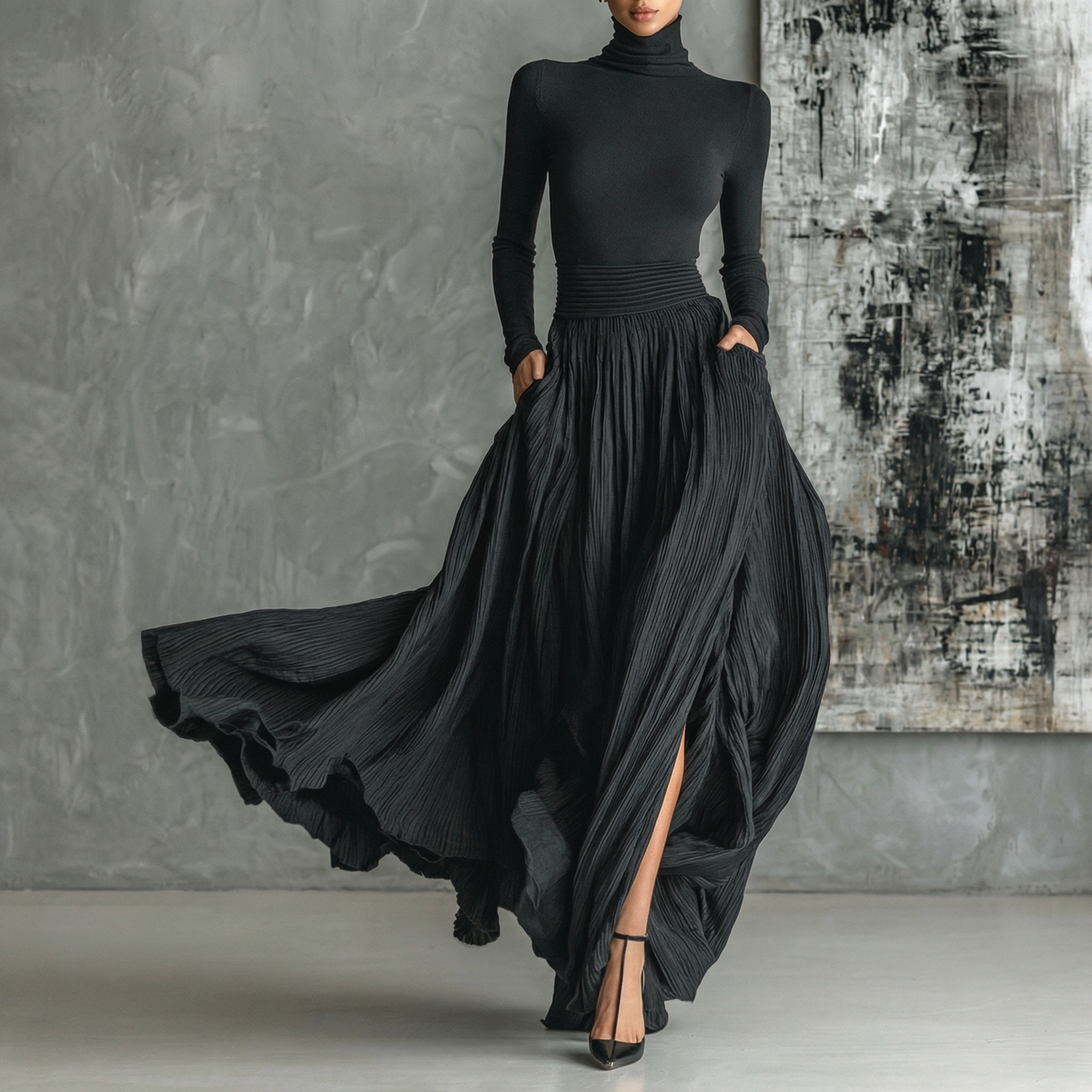 Women's French Vintage Long Sleeve Maxi Swing Dress