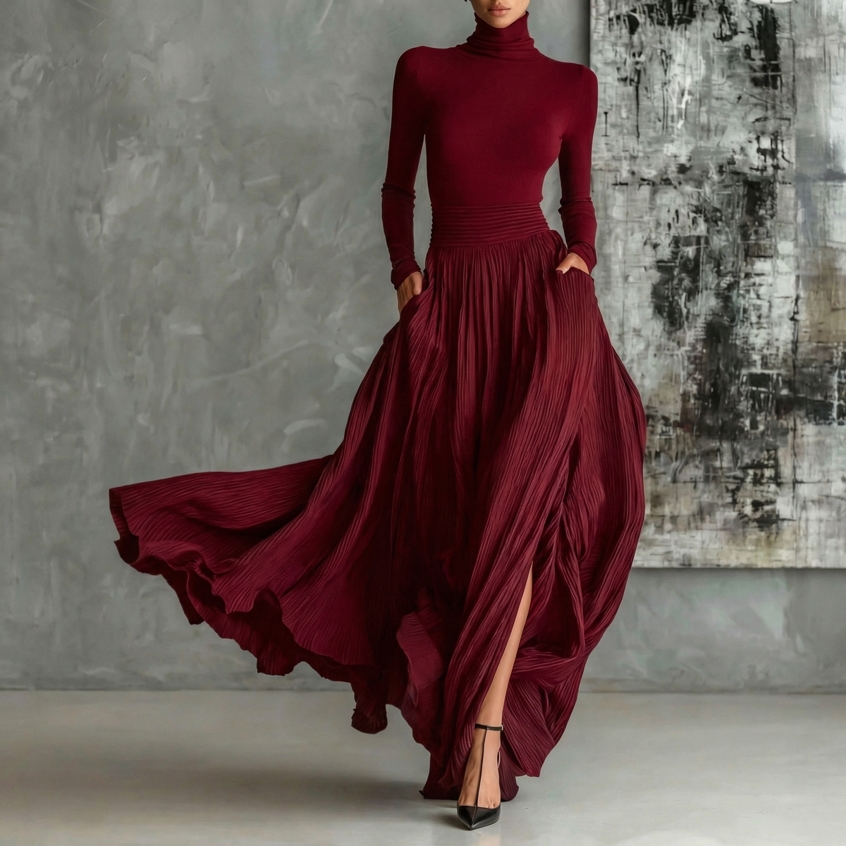 Women's French Vintage Long Sleeve Maxi Swing Dress