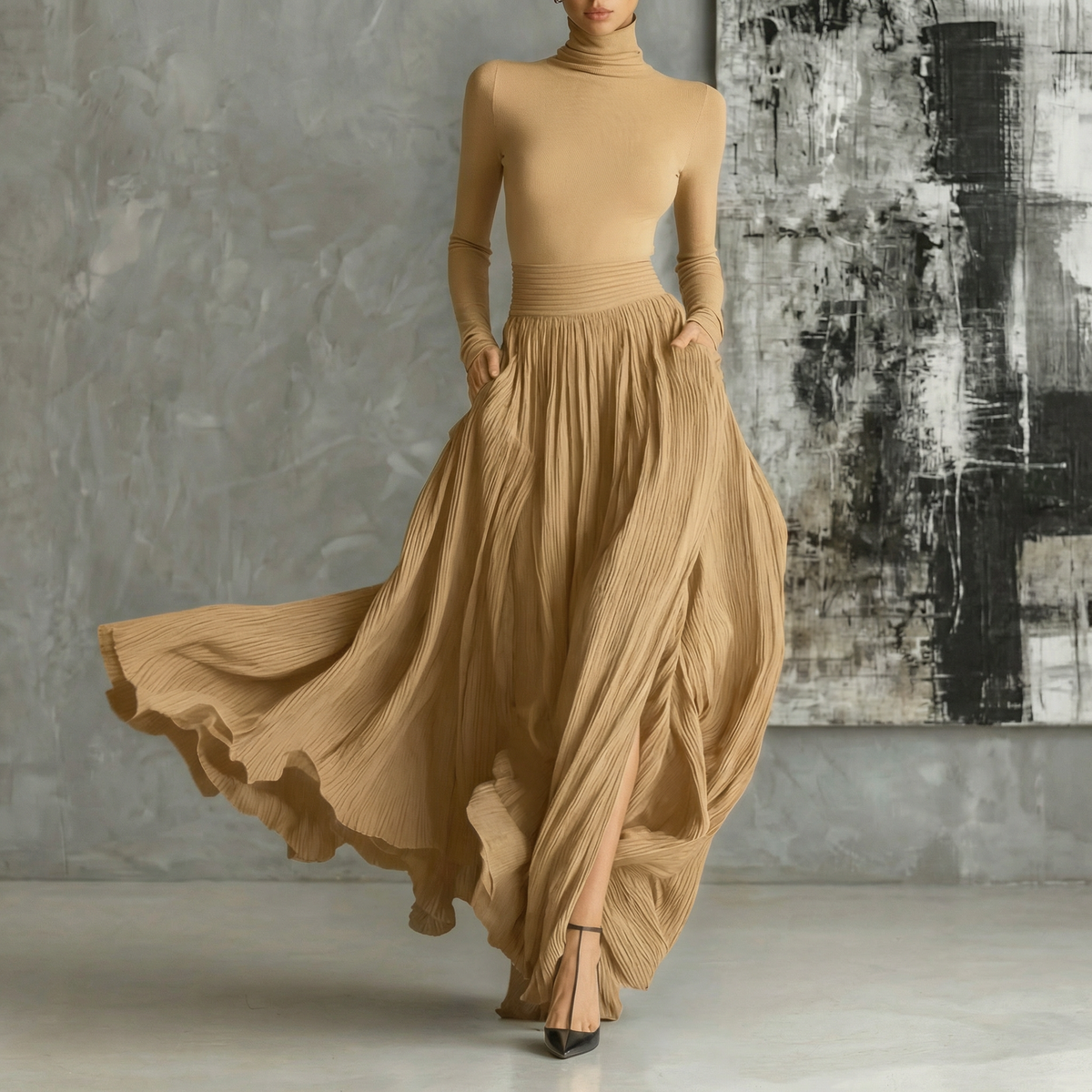 Women's French Vintage Long Sleeve Maxi Swing Dress