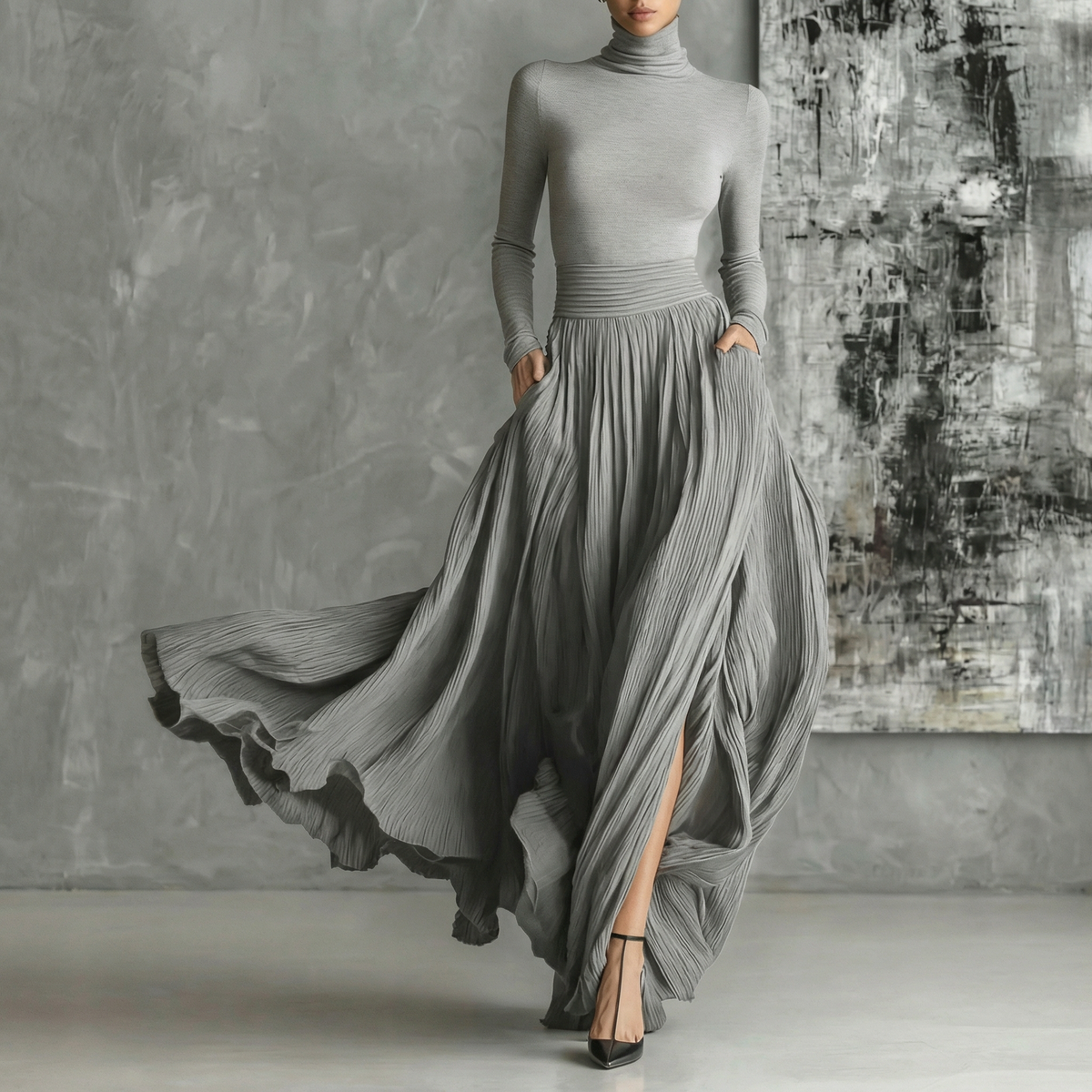 Women's French Vintage Long Sleeve Maxi Swing Dress