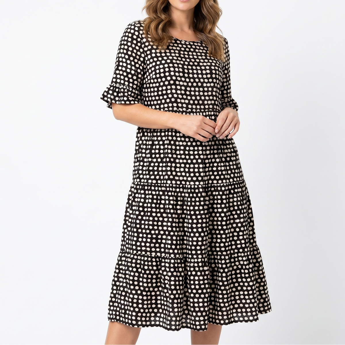 Women's Polka Dot Midi Dress Short Ruffle Sleeve Tiered Smock Shift