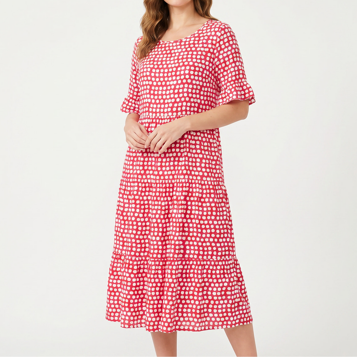 Women's Polka Dot Midi Dress Short Ruffle Sleeve Tiered Smock Shift