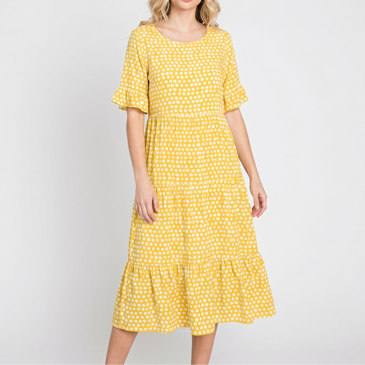 Women's Polka Dot Midi Dress Short Ruffle Sleeve Tiered Smock Shift