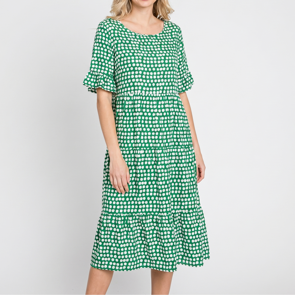 Women's Polka Dot Midi Dress Short Ruffle Sleeve Tiered Smock Shift