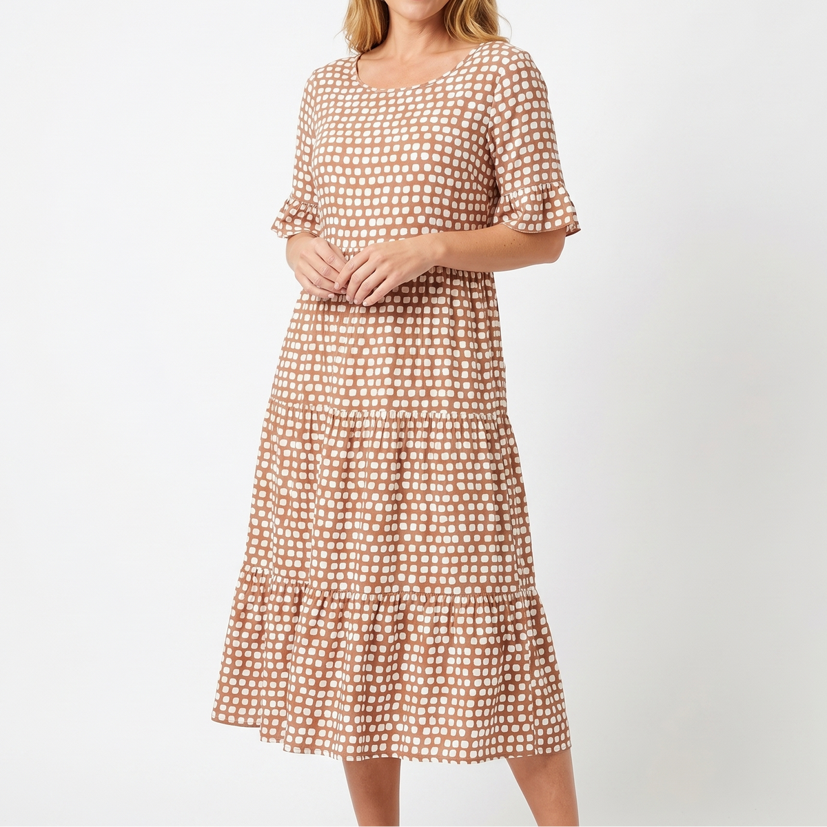 Women's Polka Dot Midi Dress Short Ruffle Sleeve Tiered Smock Shift