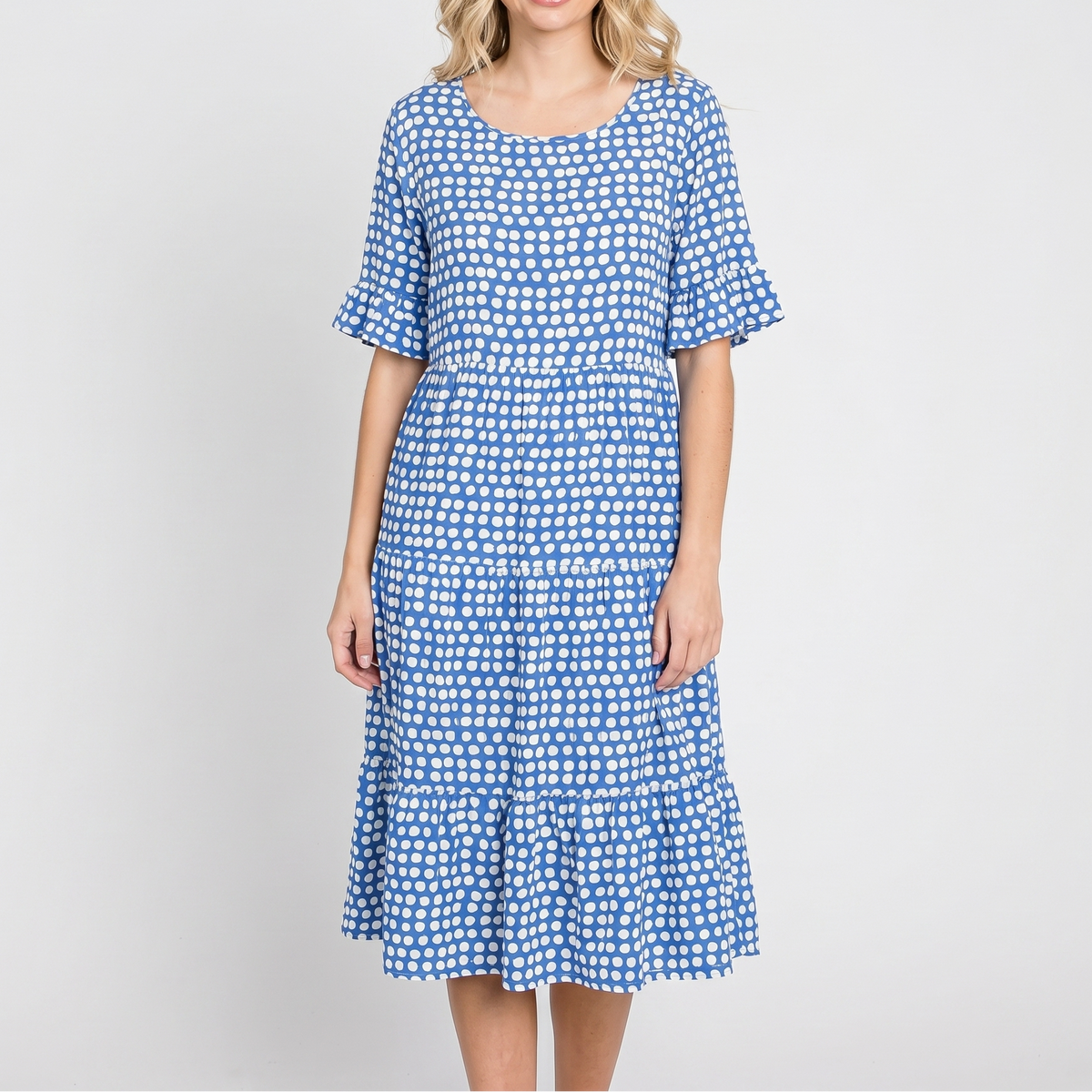 Women's Polka Dot Midi Dress Short Ruffle Sleeve Tiered Smock Shift