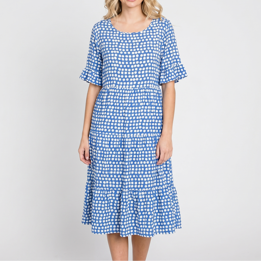 Women's Polka Dot Midi Dress Short Ruffle Sleeve Tiered Smock Shift