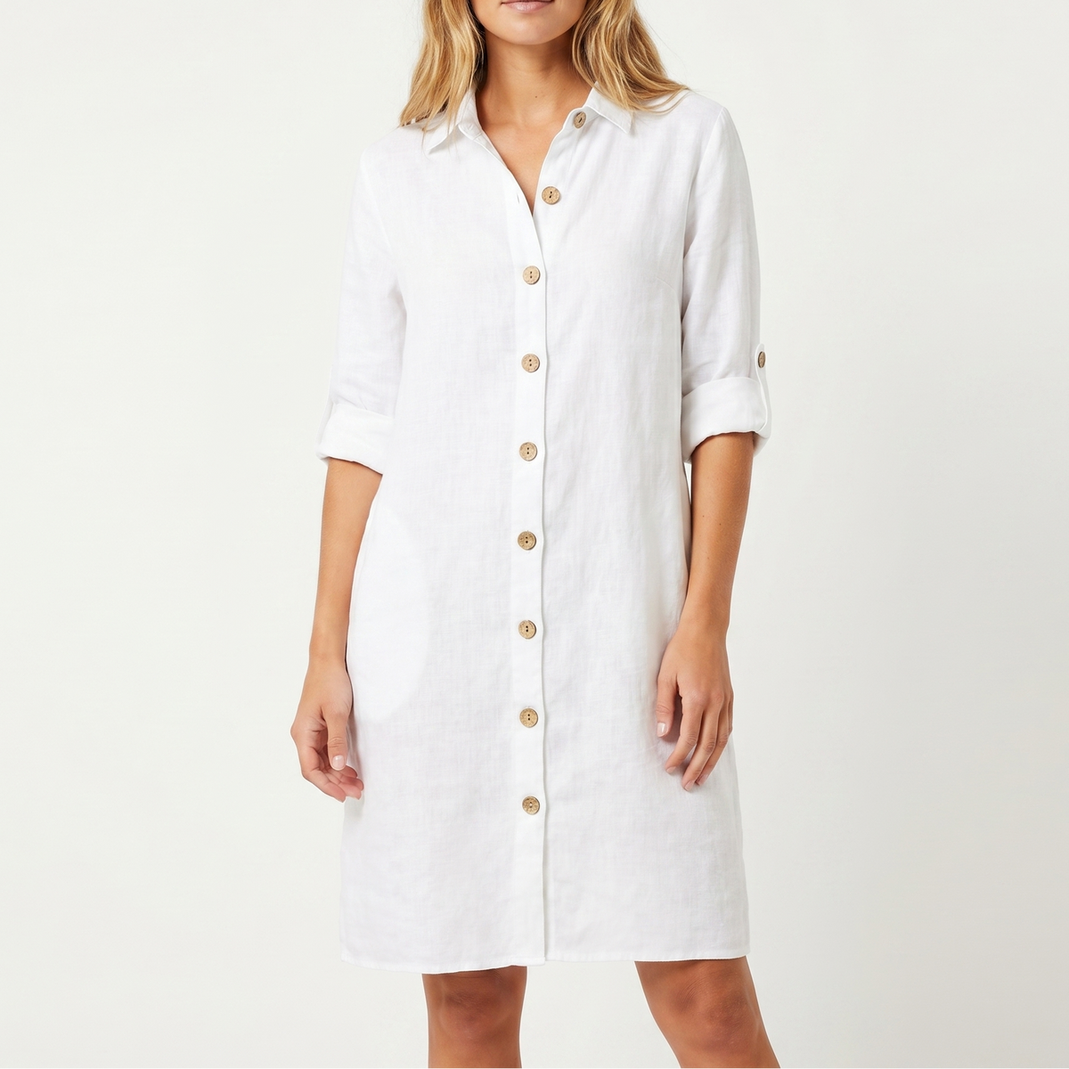 Women's Linen Shirt Dress Button Down Collared Roll Sleeve Midi