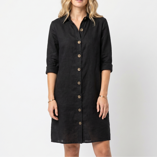 Women's Linen Shirt Dress Button Down Collared Roll Sleeve Midi