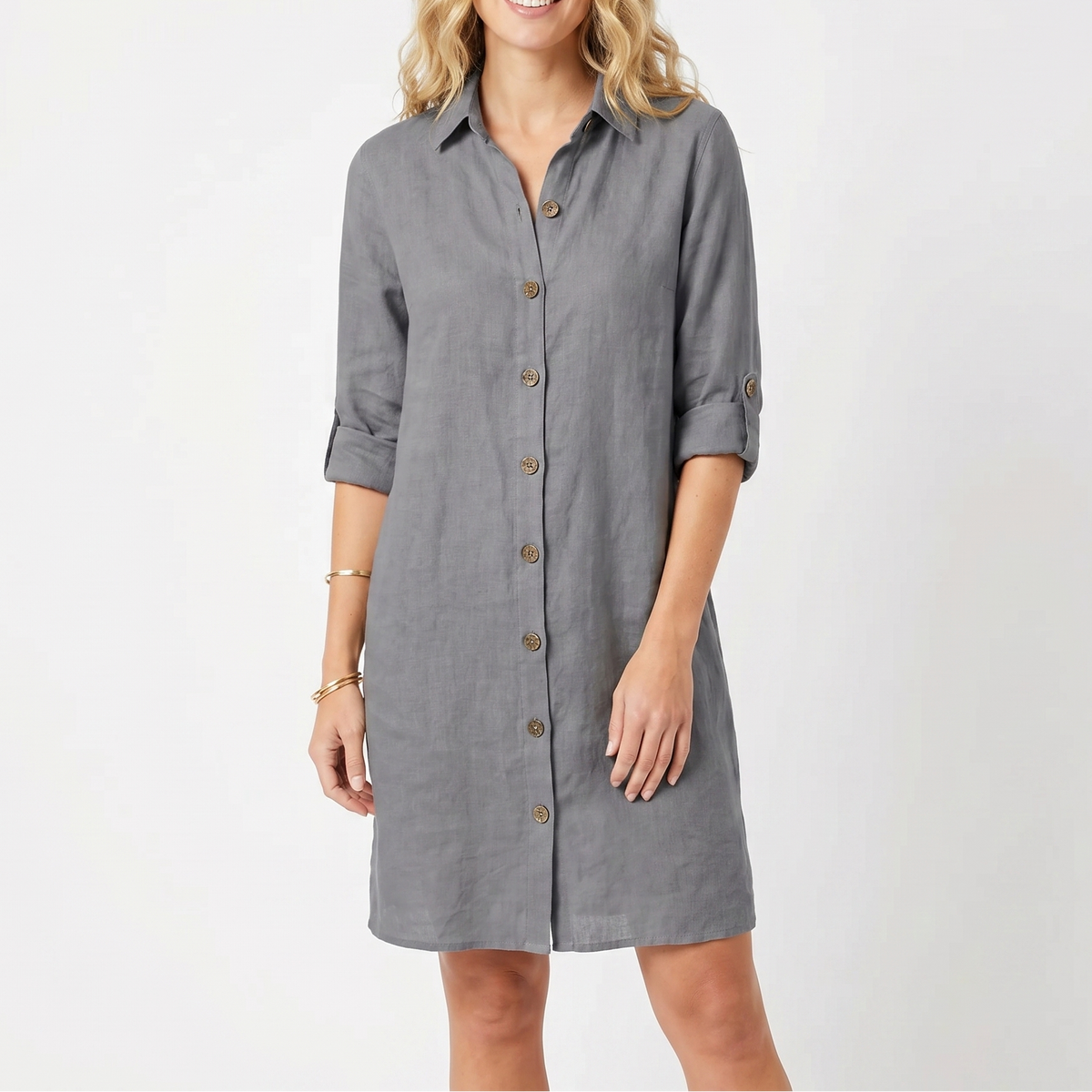 Women's Linen Shirt Dress Button Down Collared Roll Sleeve Midi