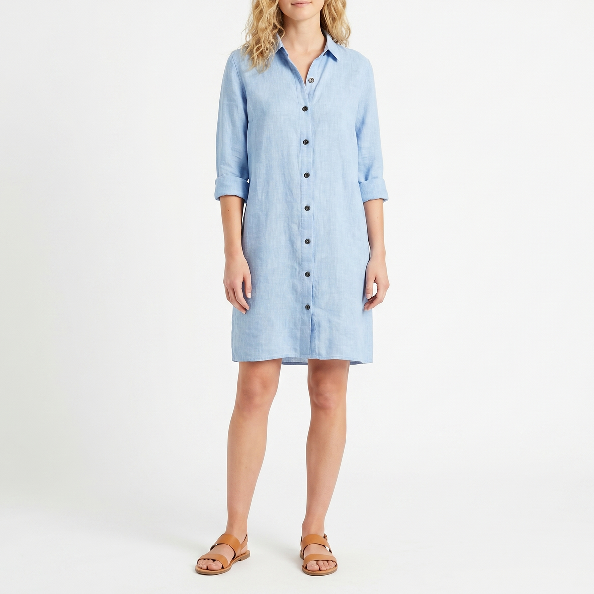 Women's Linen Shirt Dress Button Down Collared Roll Sleeve Midi