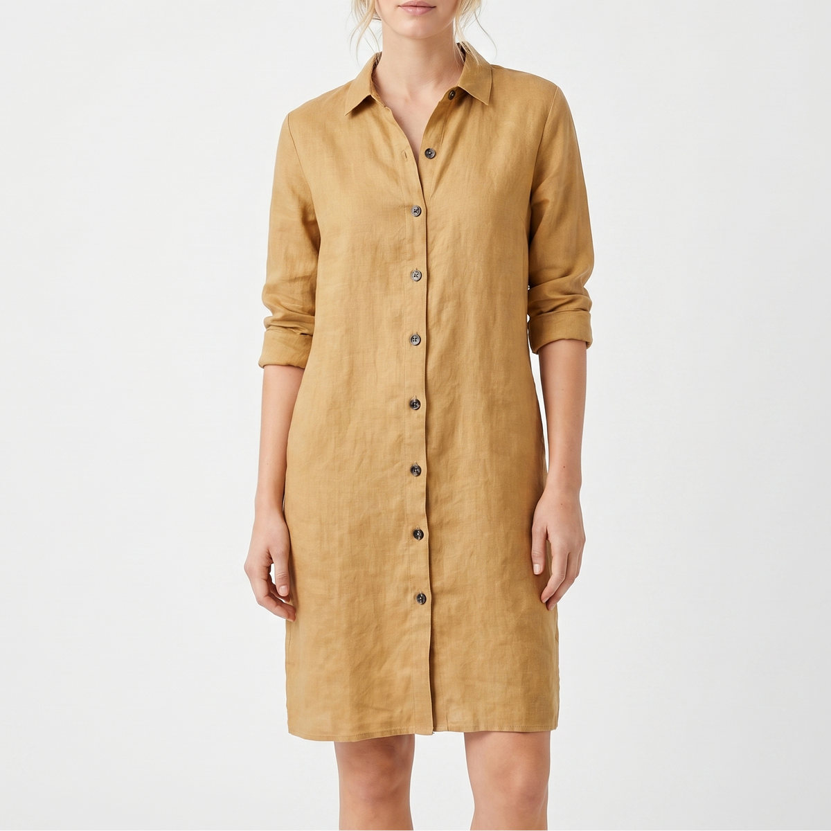 Women's Linen Shirt Dress Button Down Collared Roll Sleeve Midi