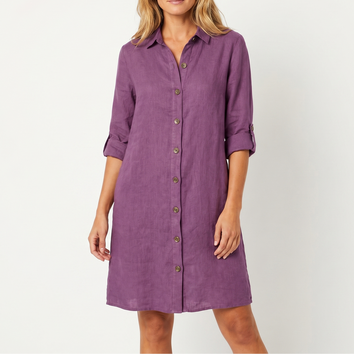 Women's Linen Shirt Dress Button Down Collared Roll Sleeve Midi