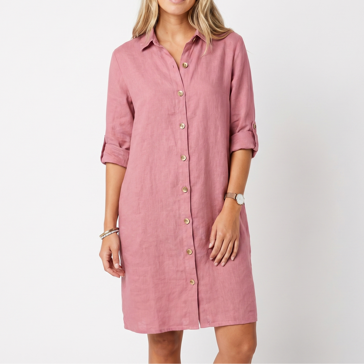 Women's Linen Shirt Dress Button Down Collared Roll Sleeve Midi
