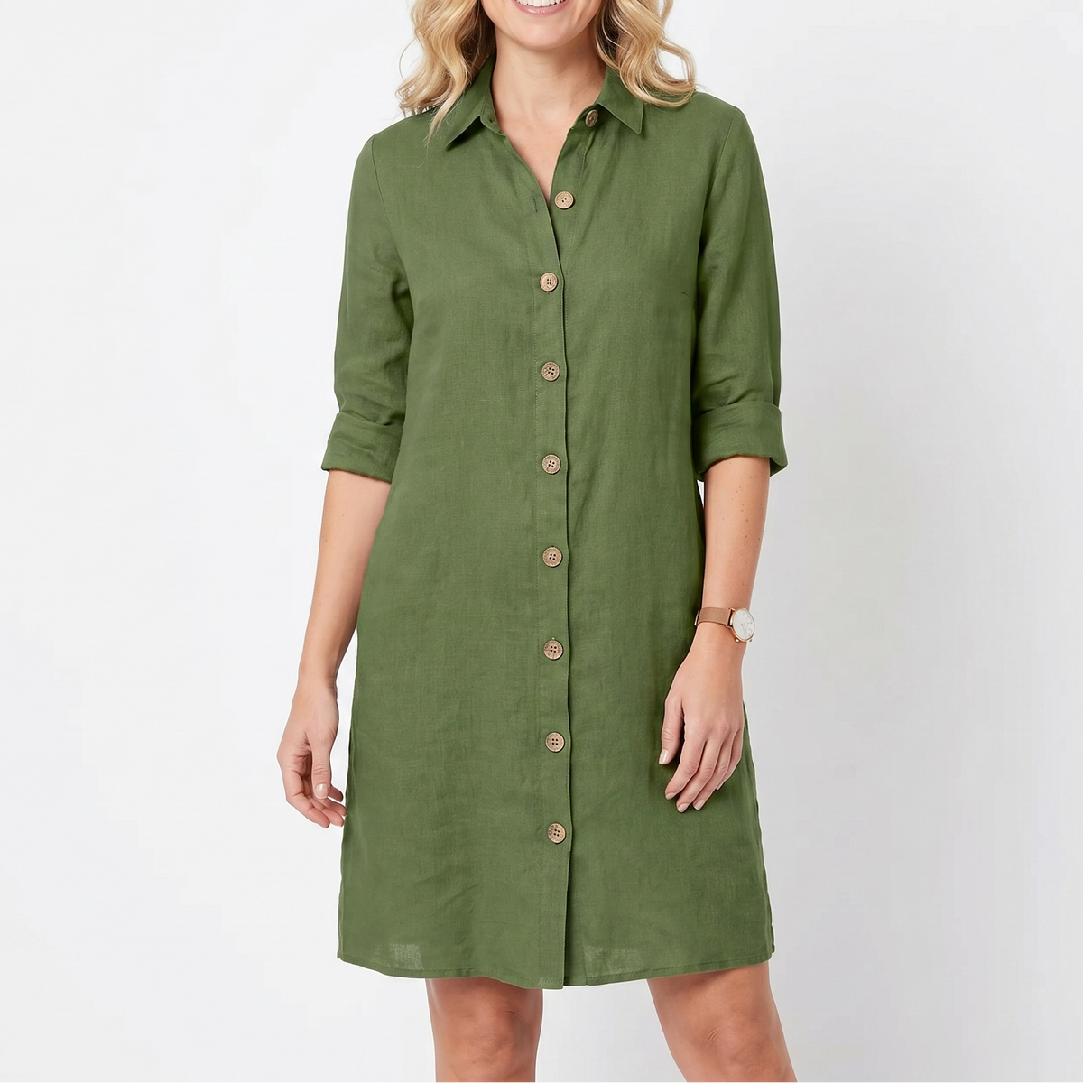 Women's Linen Shirt Dress Button Down Collared Roll Sleeve Midi