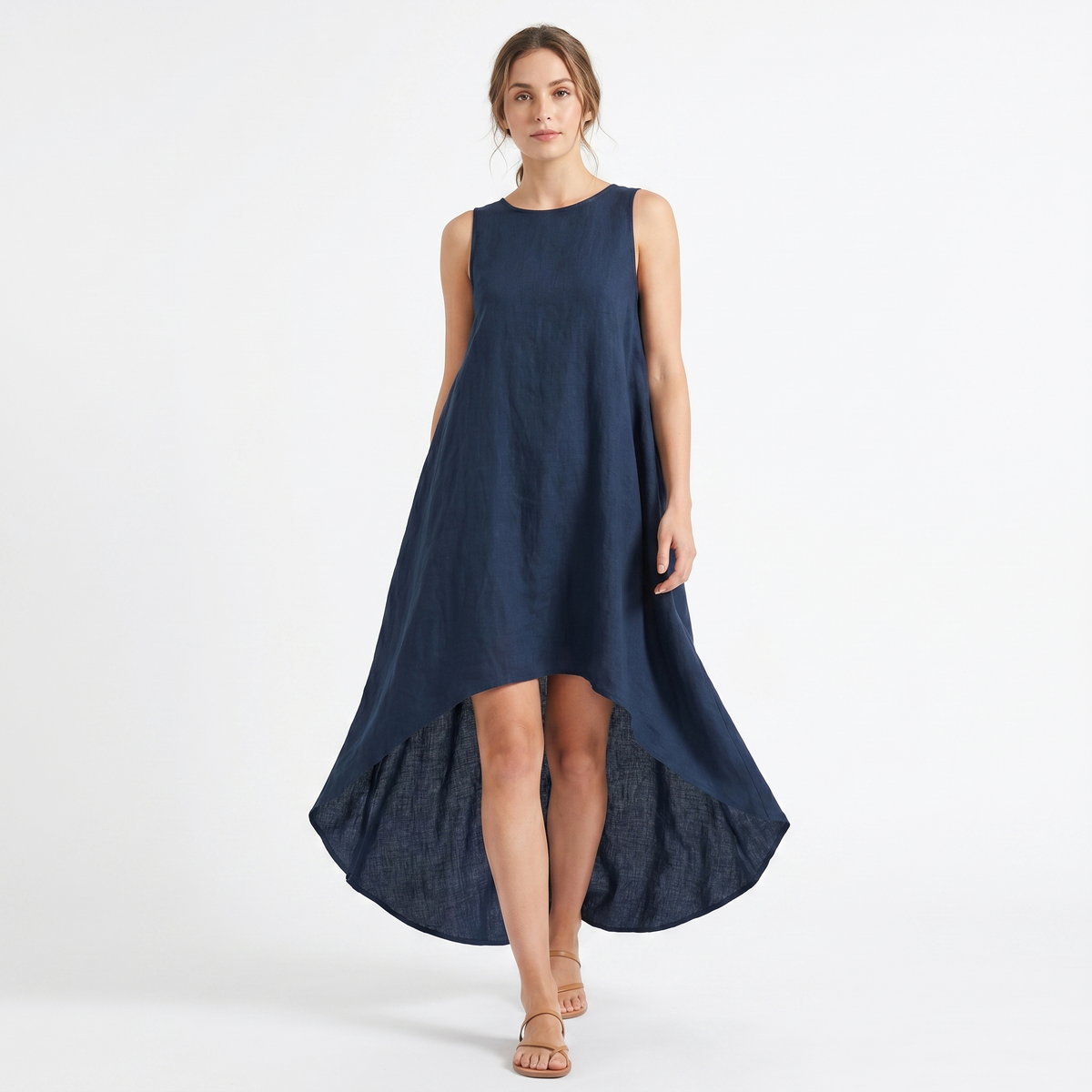 Women's Linen Dress Sleeveless High Low Hem Layered A Line Midi