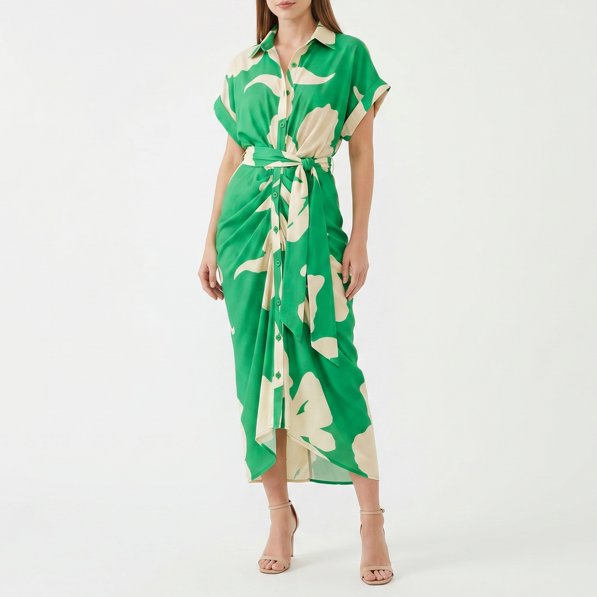 Women's Shirt Dress Button Down Tie Waist Wrap Midi Short Sleeve