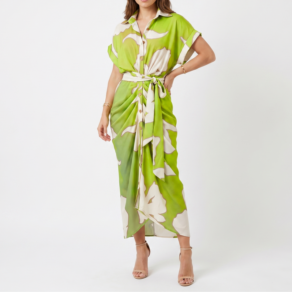 Women's Shirt Dress Button Down Tie Waist Wrap Midi Short Sleeve
