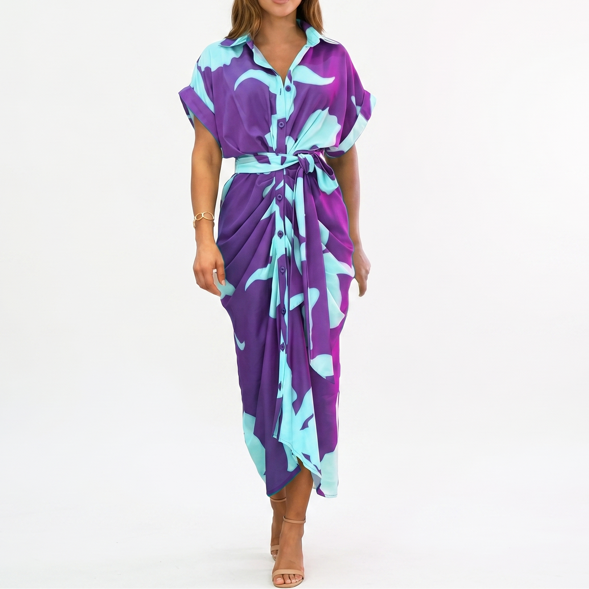Women's Shirt Dress Button Down Tie Waist Wrap Midi Short Sleeve