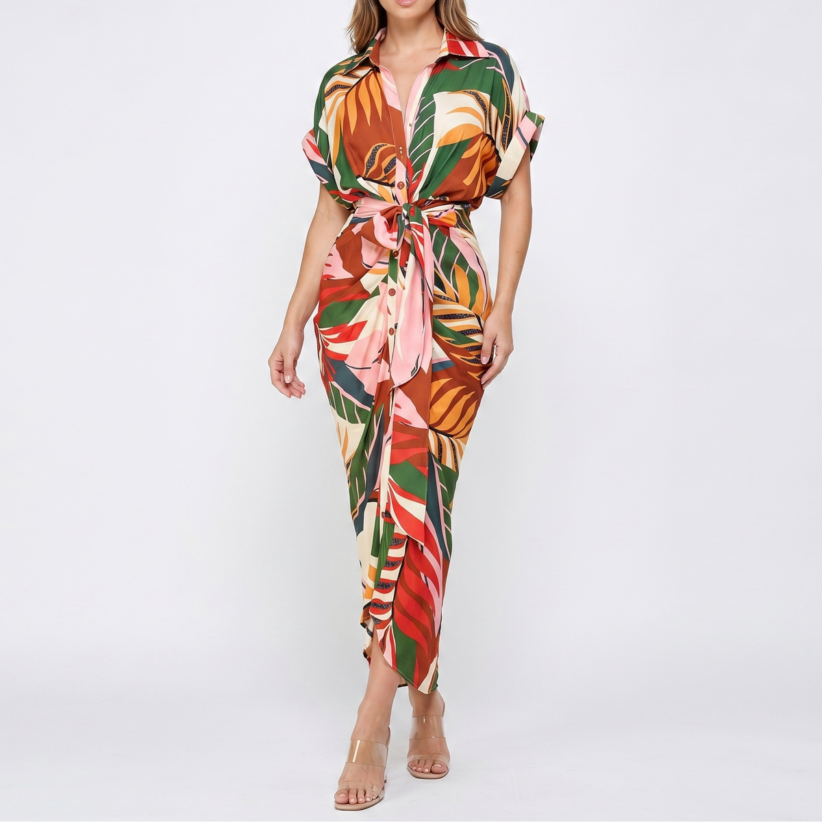 Women's Shirt Dress Button Down Tie Waist Wrap Midi Short Sleeve