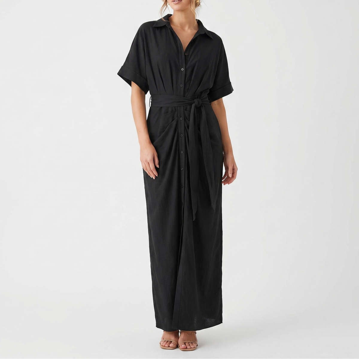 Women's Shirt Dress Button Down Tie Waist Wrap Midi Short Sleeve