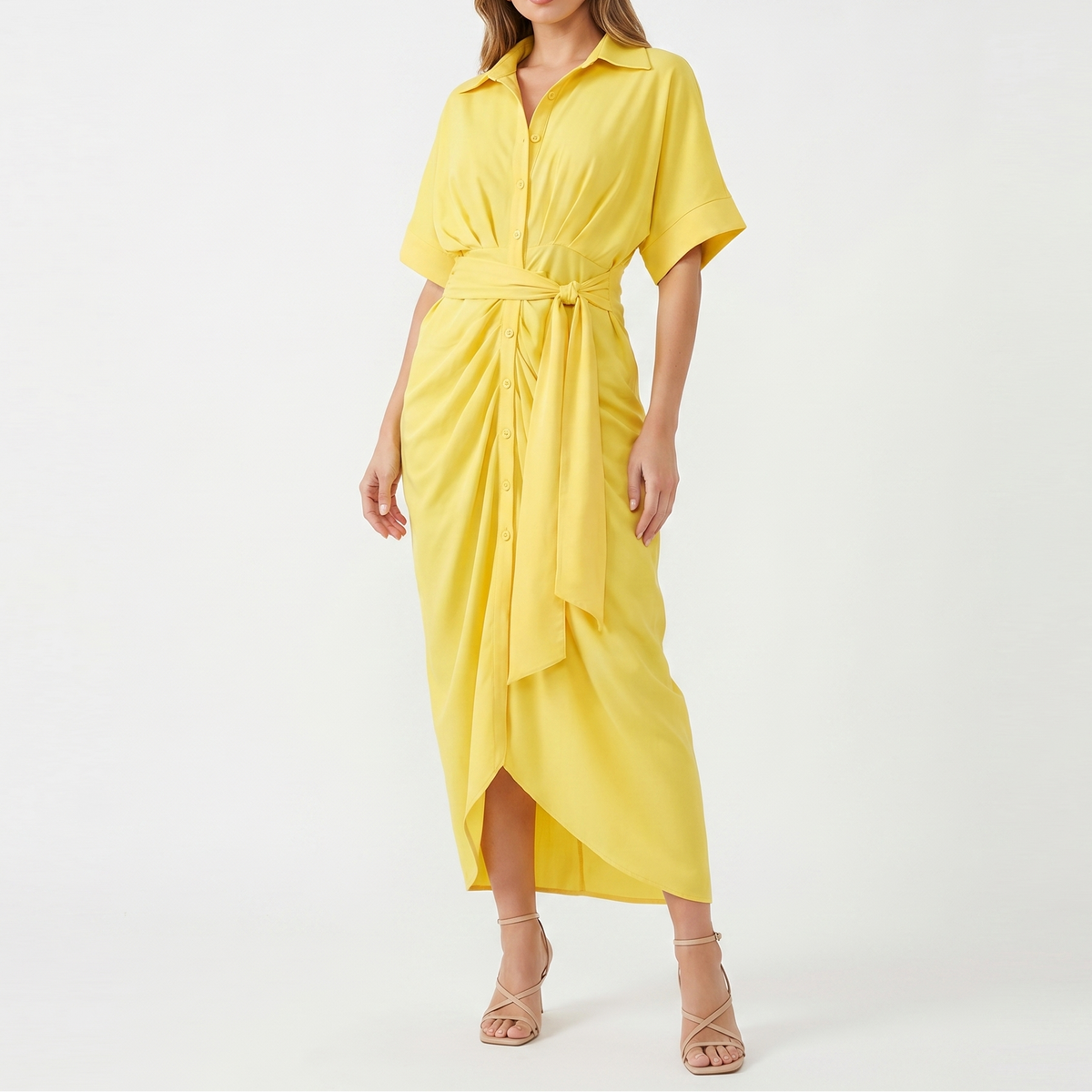 Women's Shirt Dress Button Down Tie Waist Wrap Midi Short Sleeve
