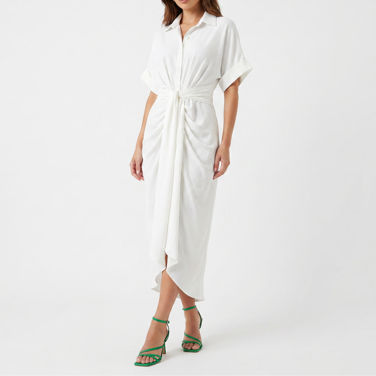 Women's Shirt Dress Button Down Tie Waist Wrap Midi Short Sleeve