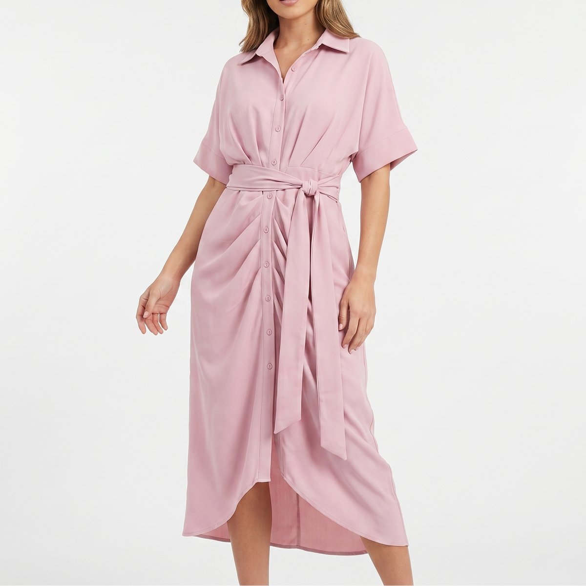 Women's Shirt Dress Button Down Tie Waist Wrap Midi Short Sleeve