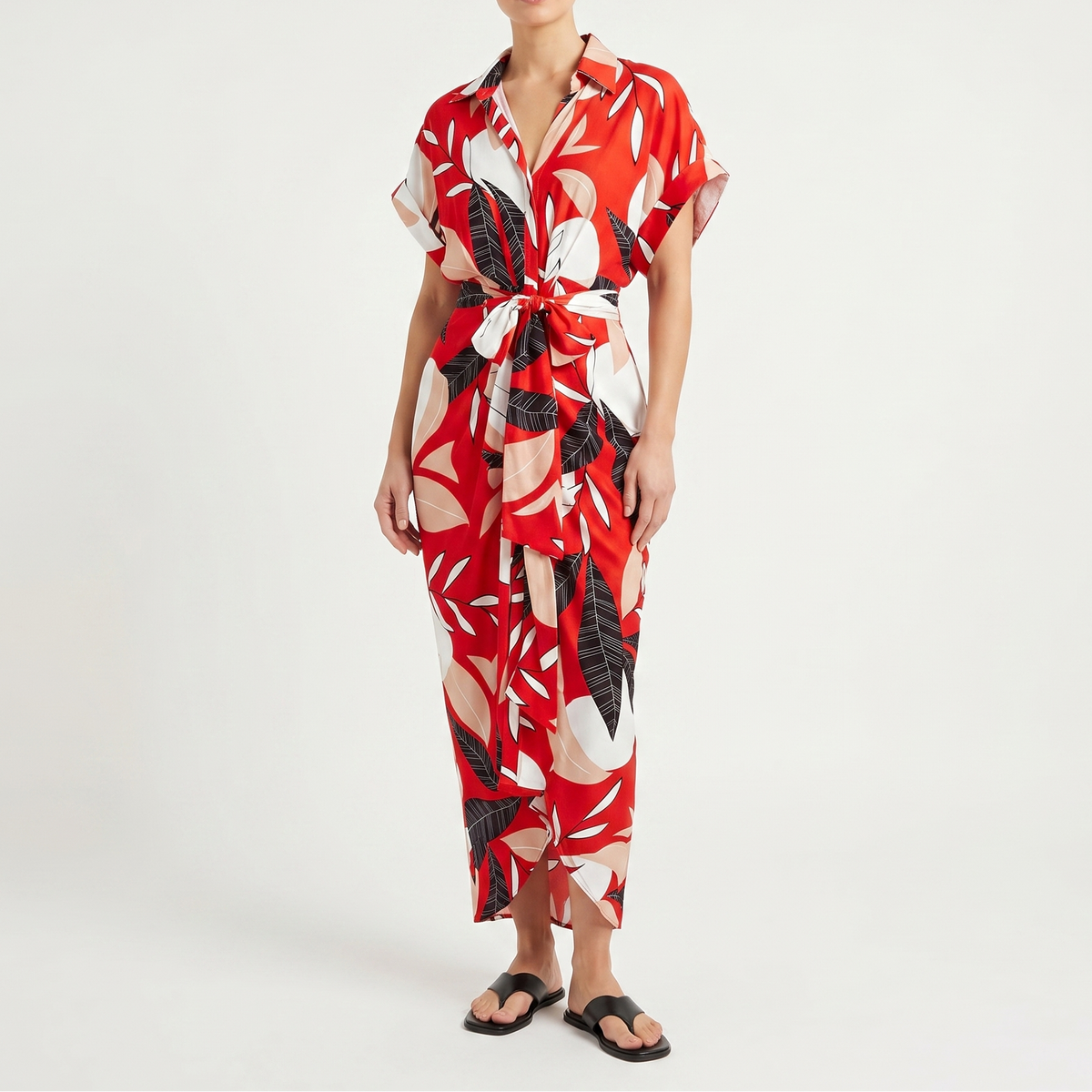 Women's Shirt Dress Button Down Tie Waist Wrap Midi Short Sleeve