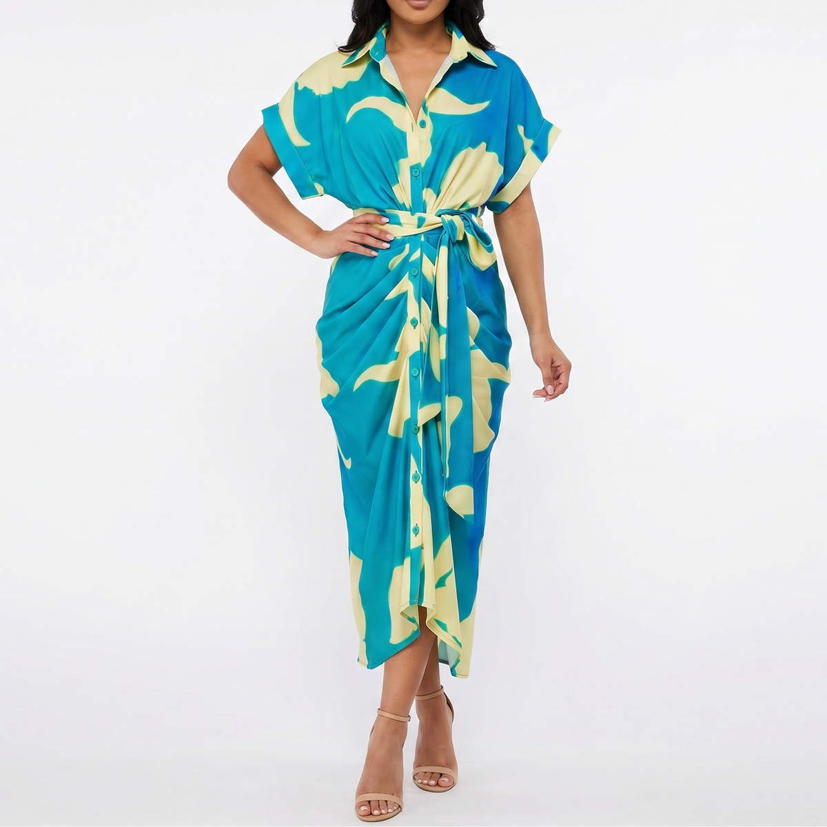 Women's Shirt Dress Button Down Tie Waist Wrap Midi Short Sleeve