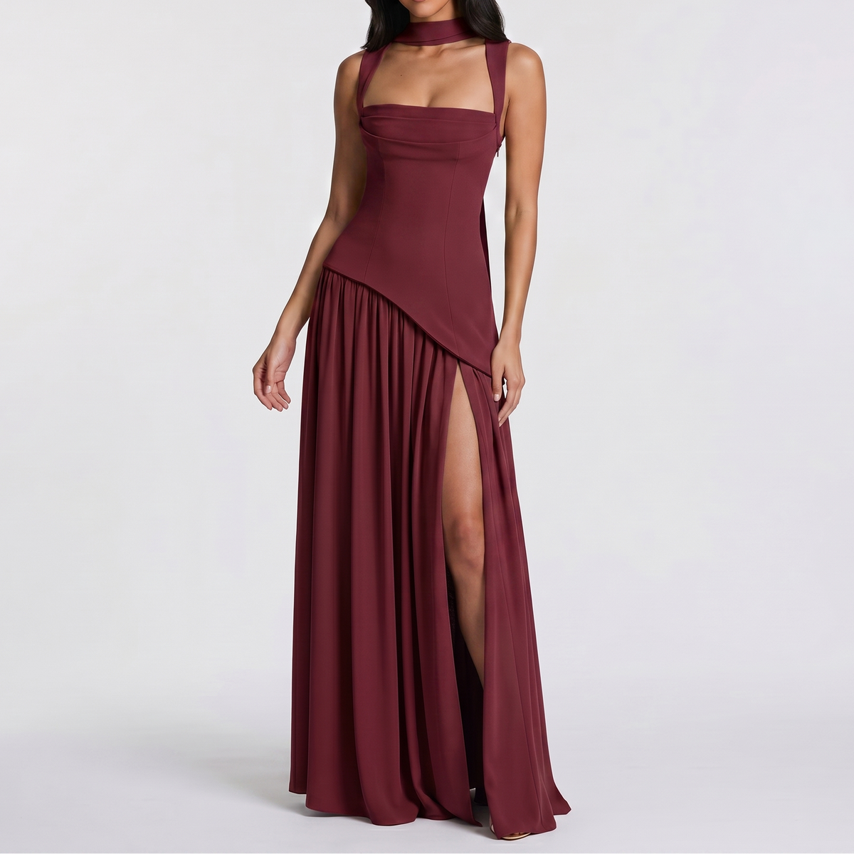 Women's Maxi Dress Square Neck Choker Strap High Split Formal Gown
