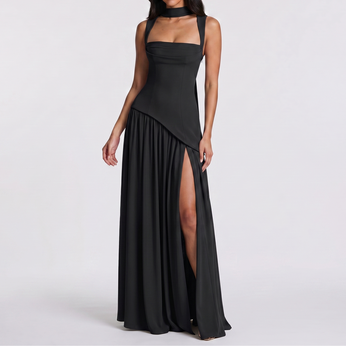 Women's Maxi Dress Square Neck Choker Strap High Split Formal Gown