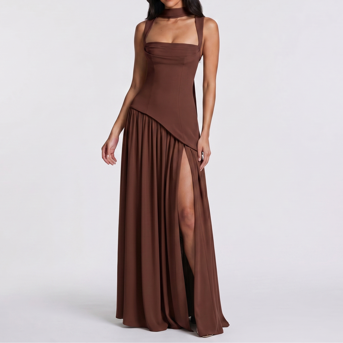 Women's Maxi Dress Square Neck Choker Strap High Split Formal Gown
