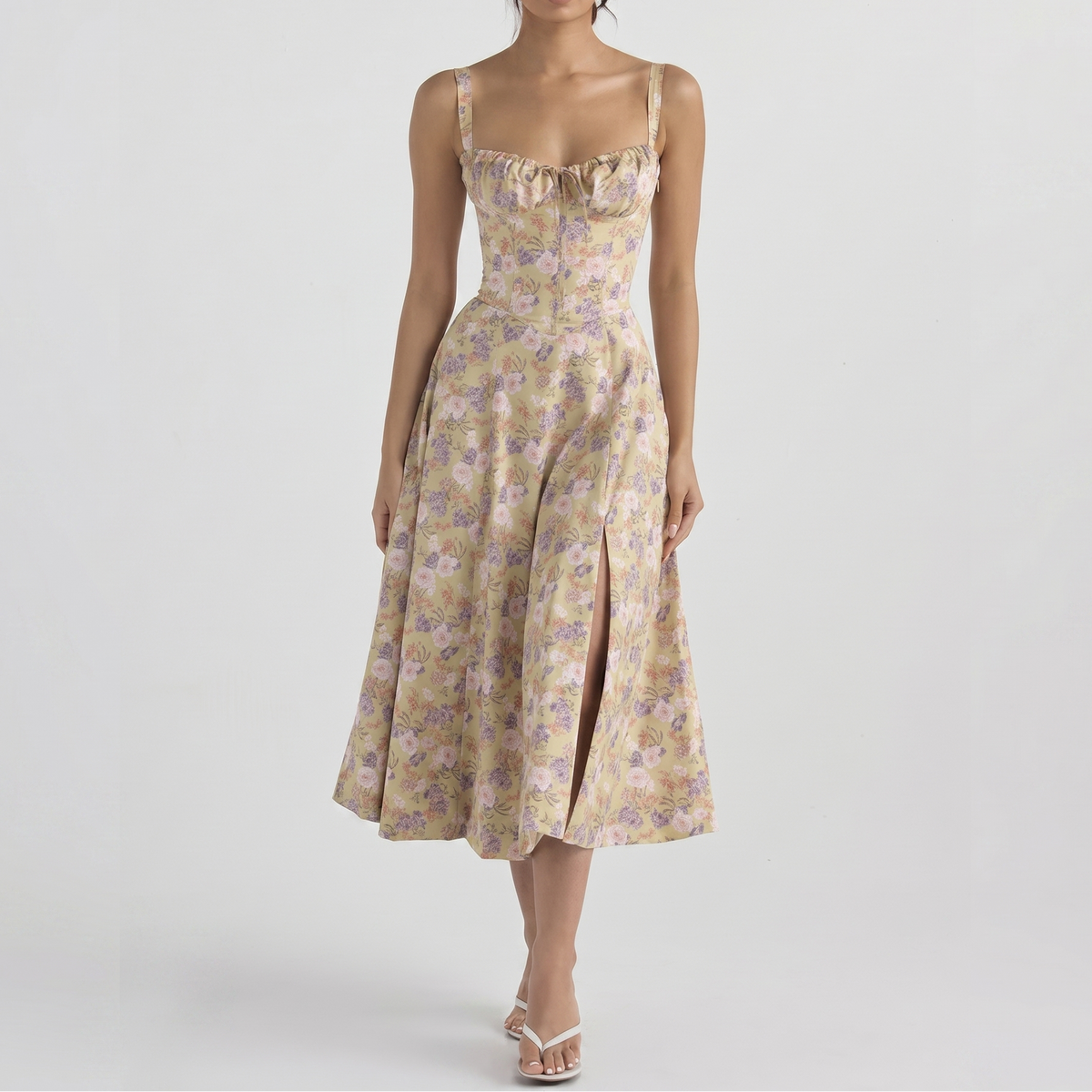 Women's Corset Midi Dress Bustier Bodice Front Split A Line Summer