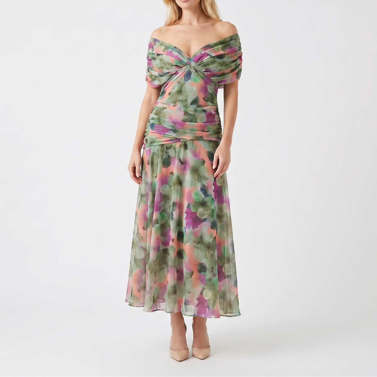 Women's Floral Midi Dress Off Shoulder Ruched Bodice Chiffon Formal