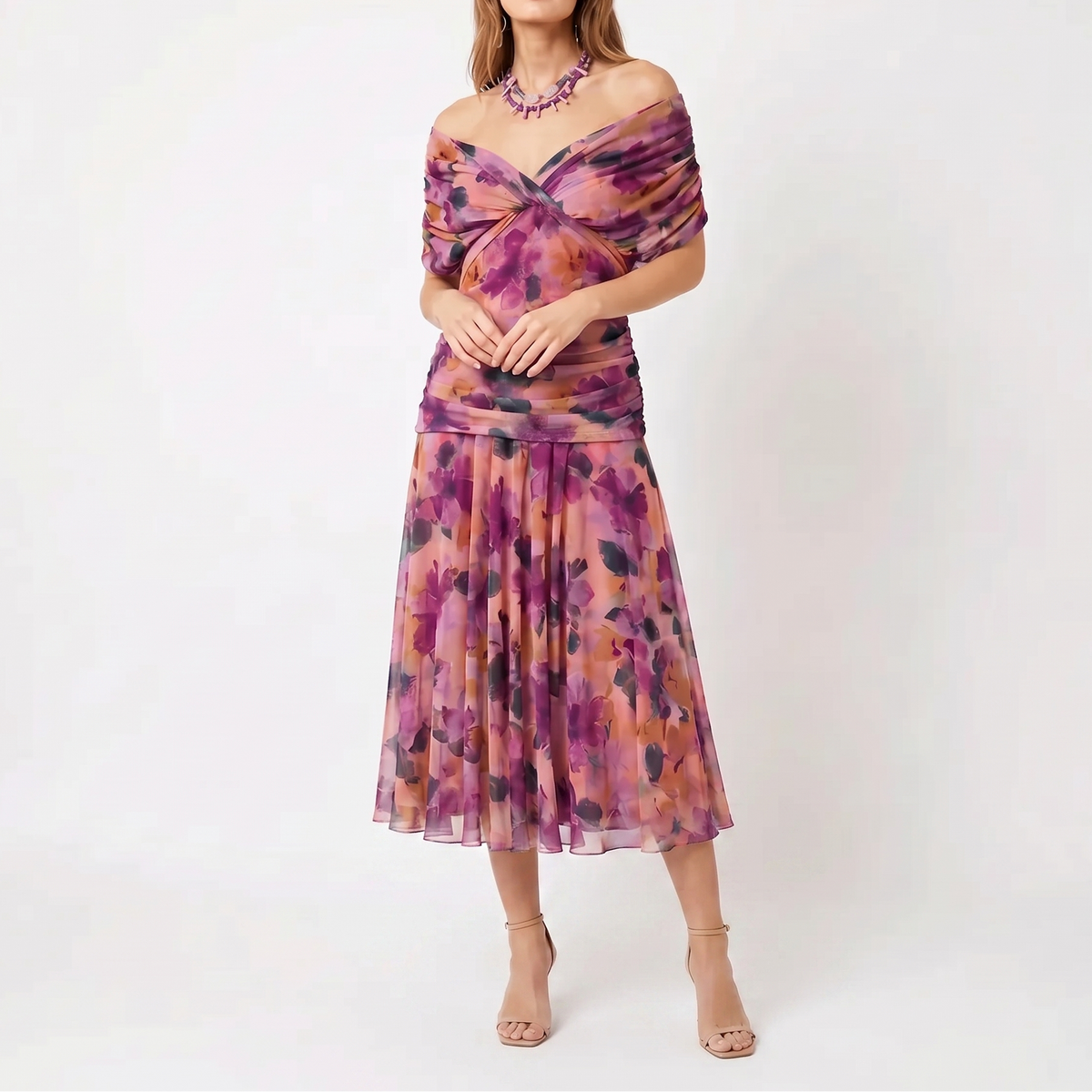 Women's Floral Midi Dress Off Shoulder Ruched Bodice Chiffon Formal