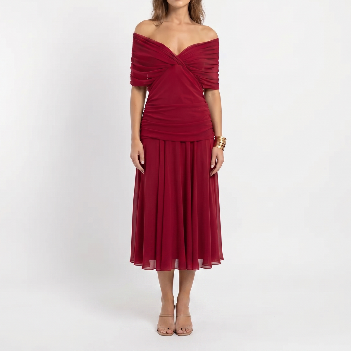 Women's Floral Midi Dress Off Shoulder Ruched Bodice Chiffon Formal