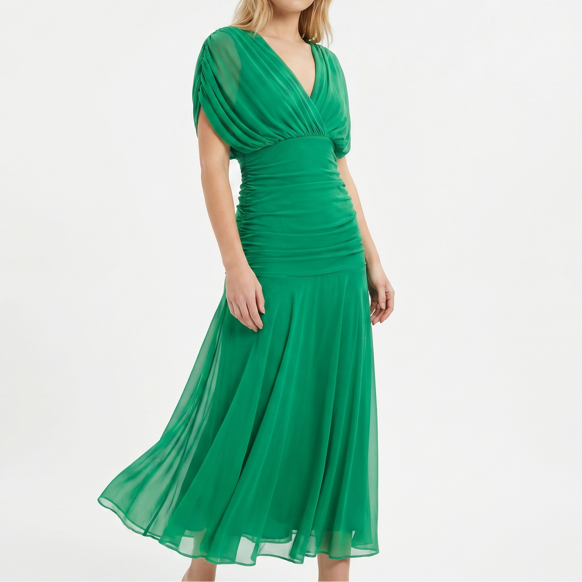 Women's Floral Midi Dress Off Shoulder Ruched Bodice Chiffon Formal