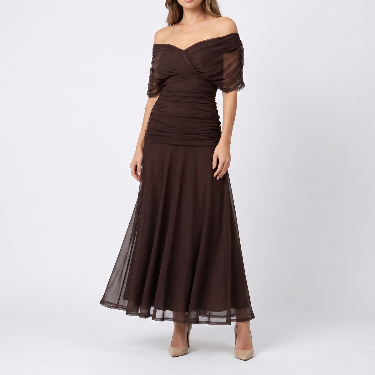 Women's Floral Midi Dress Off Shoulder Ruched Bodice Chiffon Formal