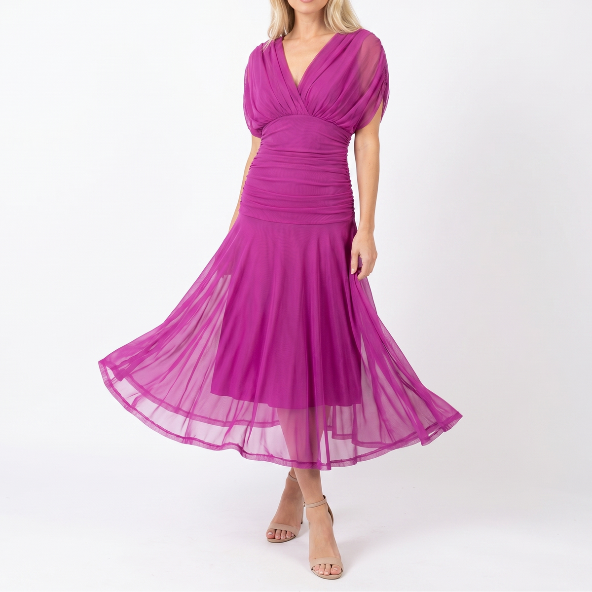 Women's Floral Midi Dress Off Shoulder Ruched Bodice Chiffon Formal