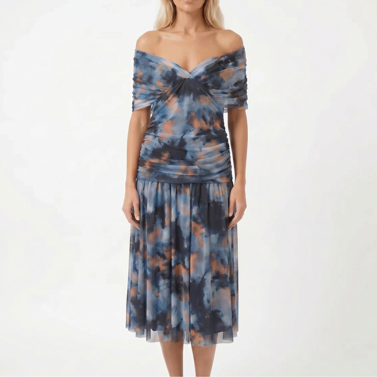 Women's Floral Midi Dress Off Shoulder Ruched Bodice Chiffon Formal