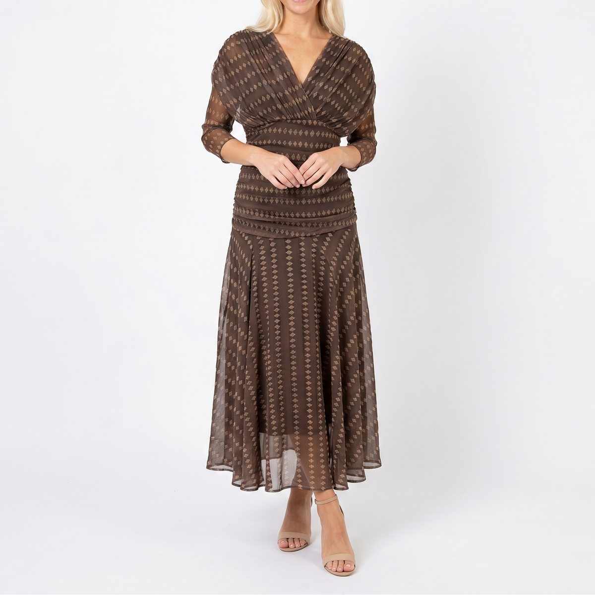 Women's Floral Midi Dress Off Shoulder Ruched Bodice Chiffon Formal