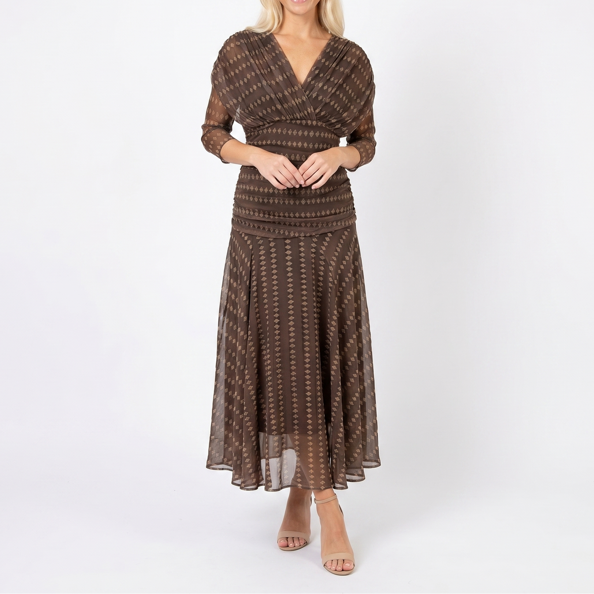 Women's Floral Midi Dress Off Shoulder Ruched Bodice Chiffon Formal