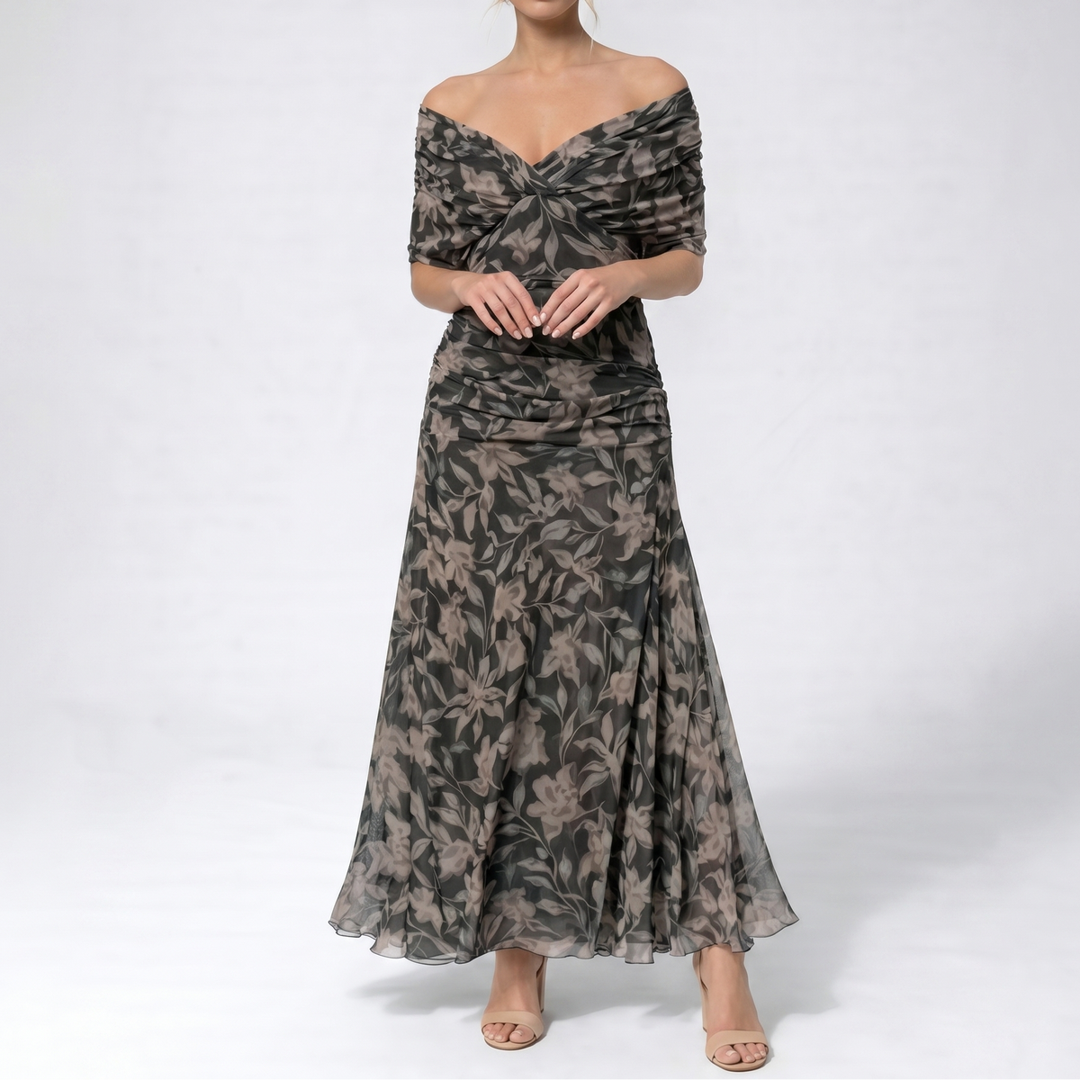 Women's Floral Midi Dress Off Shoulder Ruched Bodice Chiffon Formal