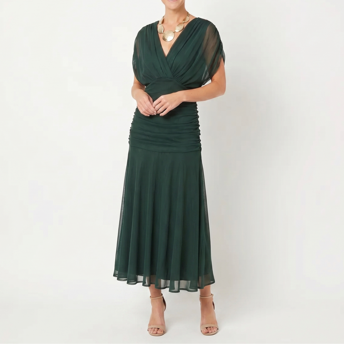 Women's Floral Midi Dress Off Shoulder Ruched Bodice Chiffon Formal