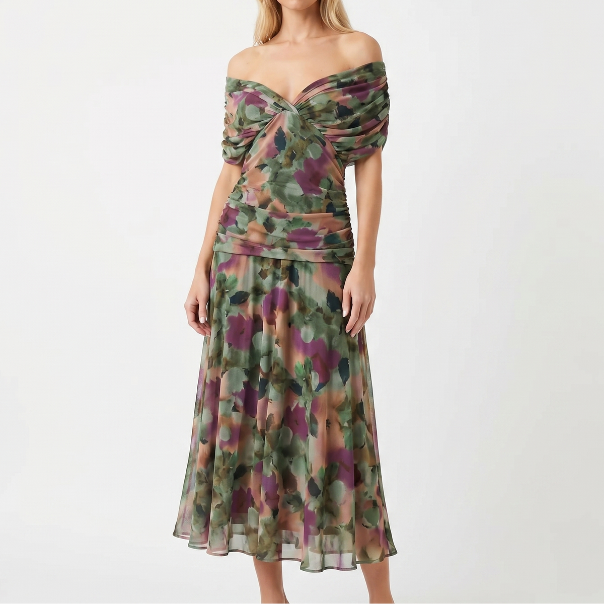 Women's Floral Midi Dress Off Shoulder Ruched Bodice Chiffon Formal