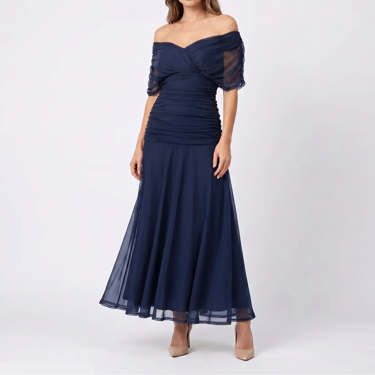 Women's Floral Midi Dress Off Shoulder Ruched Bodice Chiffon Formal