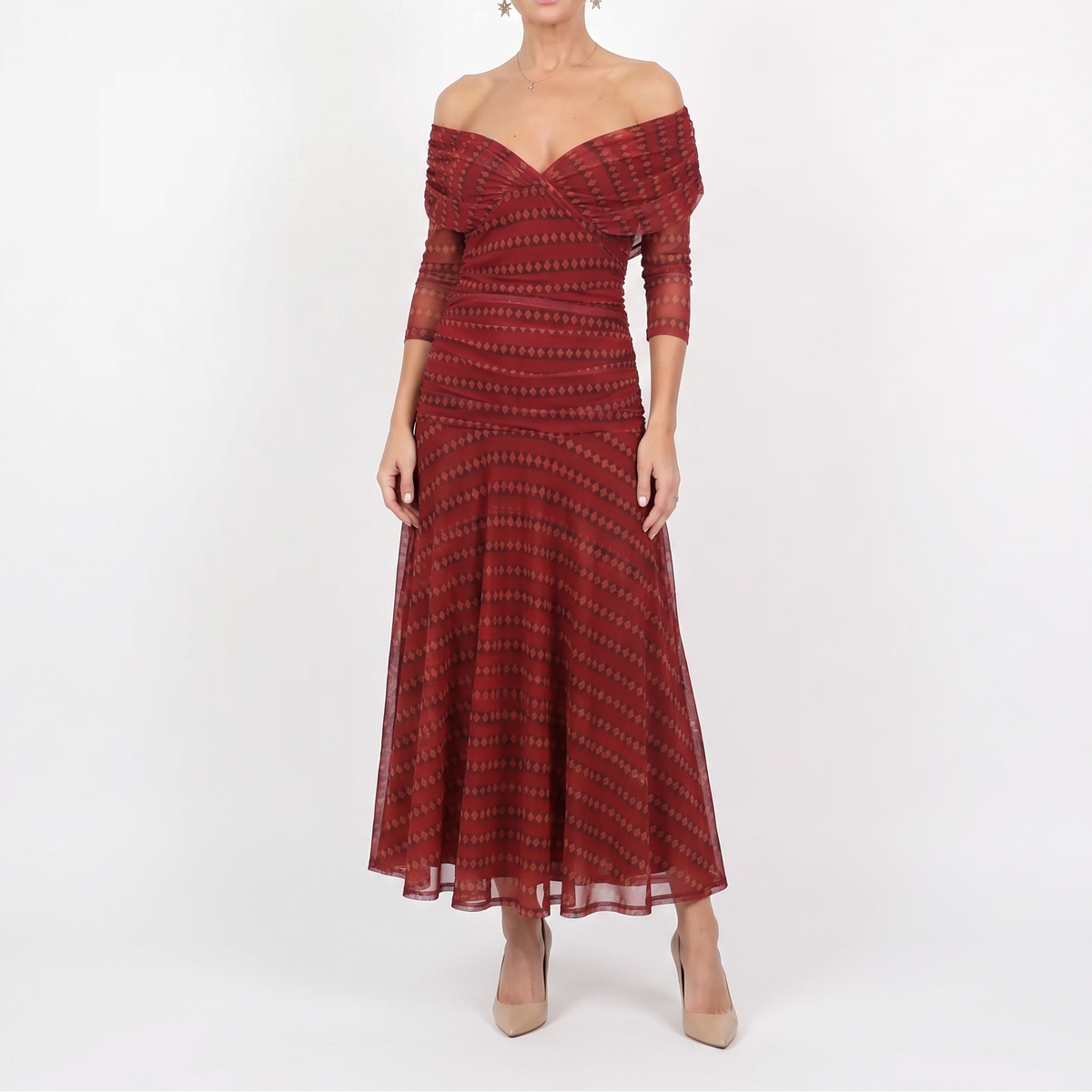Women's Floral Midi Dress Off Shoulder Ruched Bodice Chiffon Formal