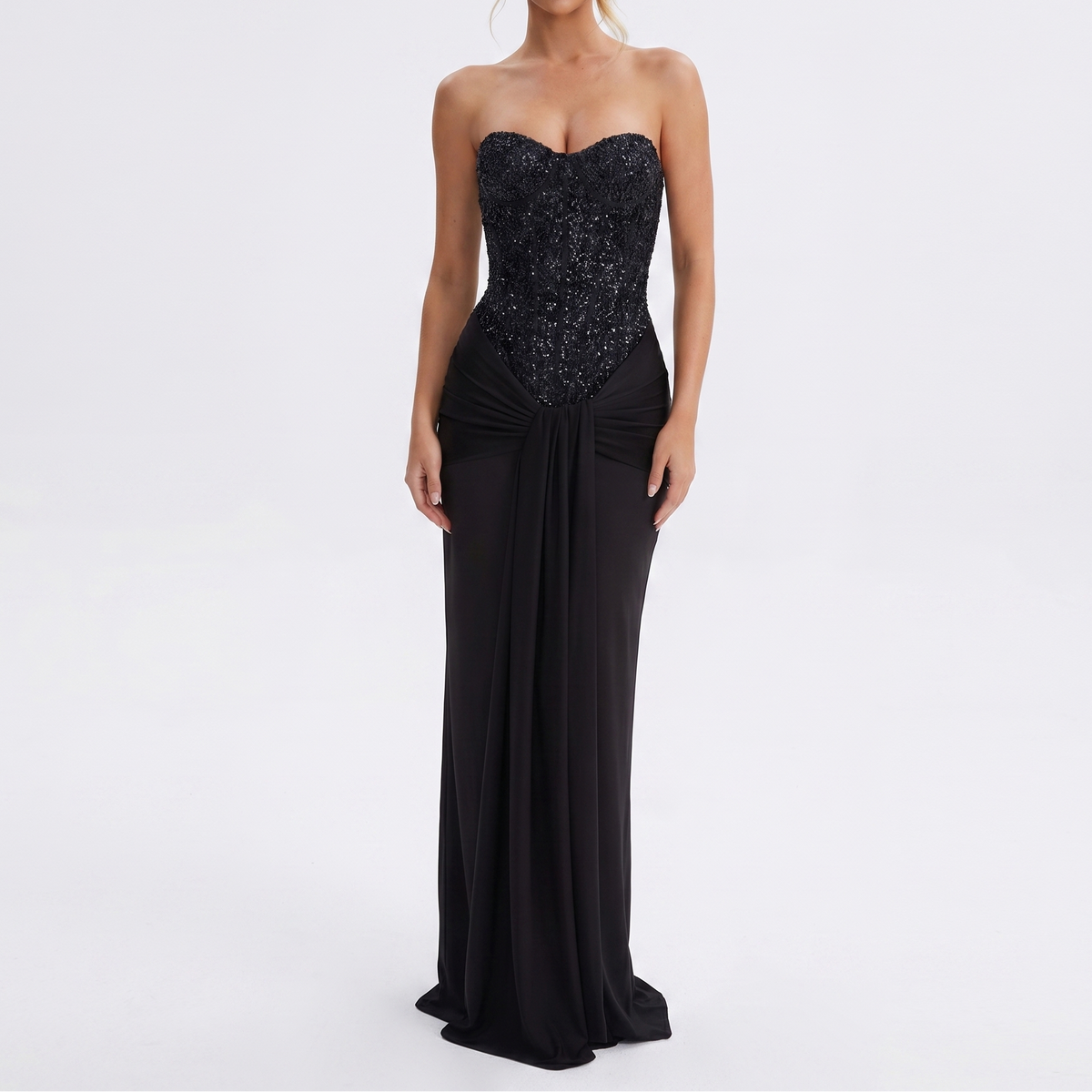 Women's Strapless Maxi Dress Sequin Corset Bodice Draped Bodycon
