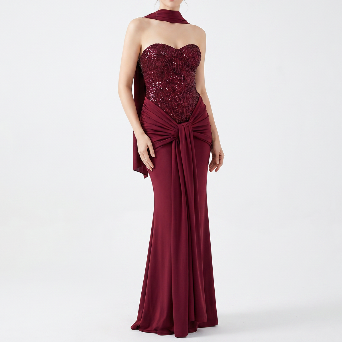 Women's Strapless Maxi Dress Sequin Corset Bodice Draped Bodycon